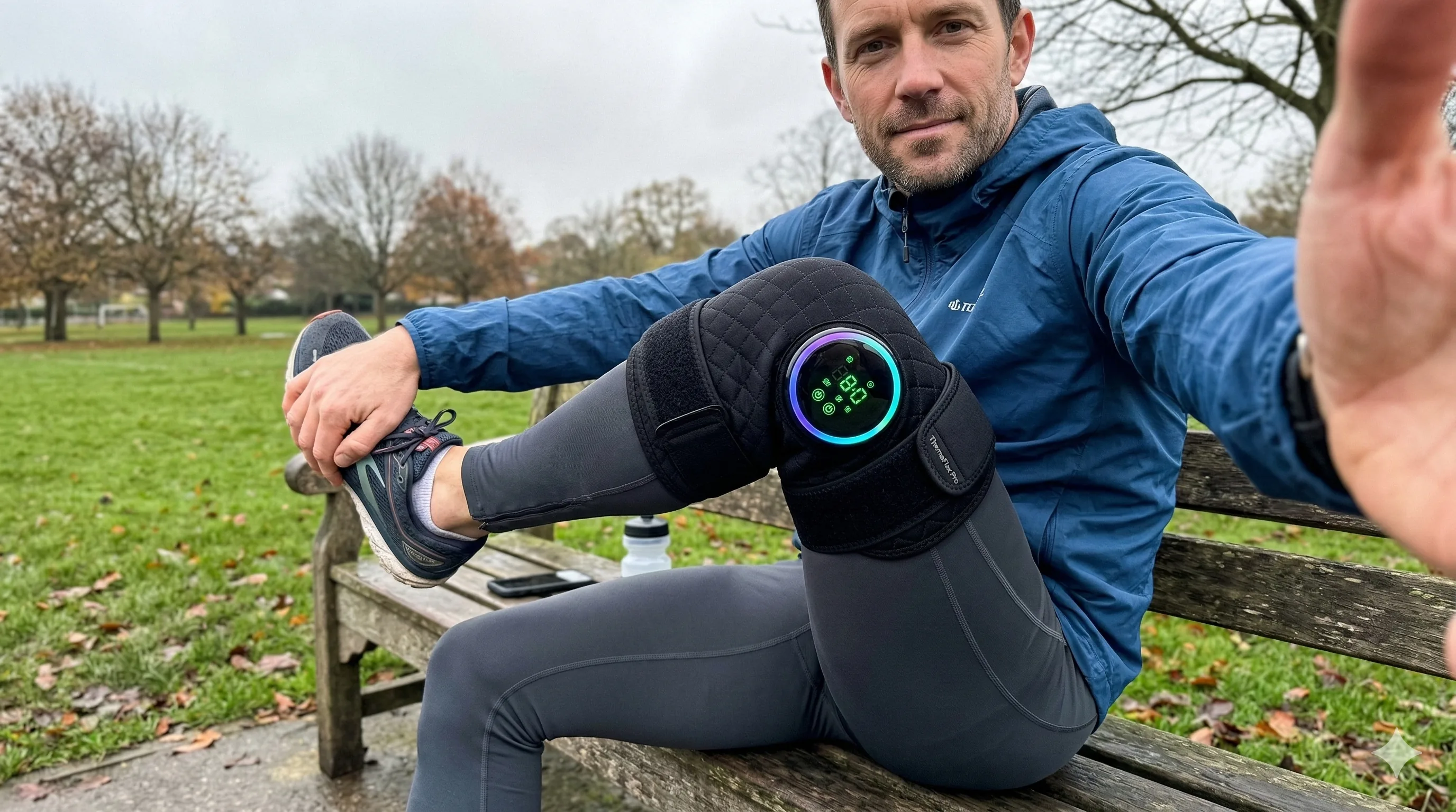 Customer using ThermaFlex Pro heated knee massager at park before running